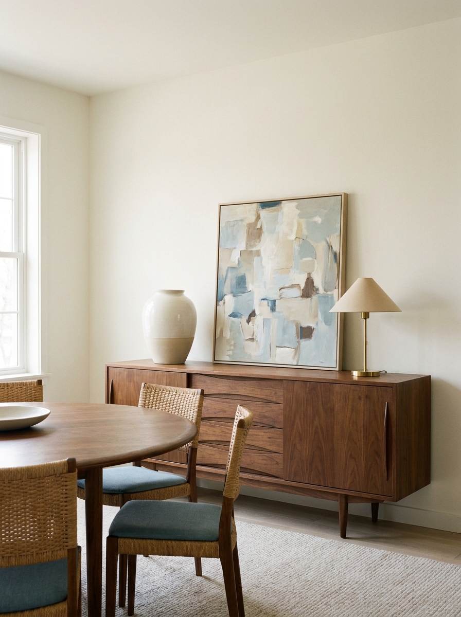 Low walnut sideboard styled with a ceramic vase, abstract art, lamp, and dining table foreground