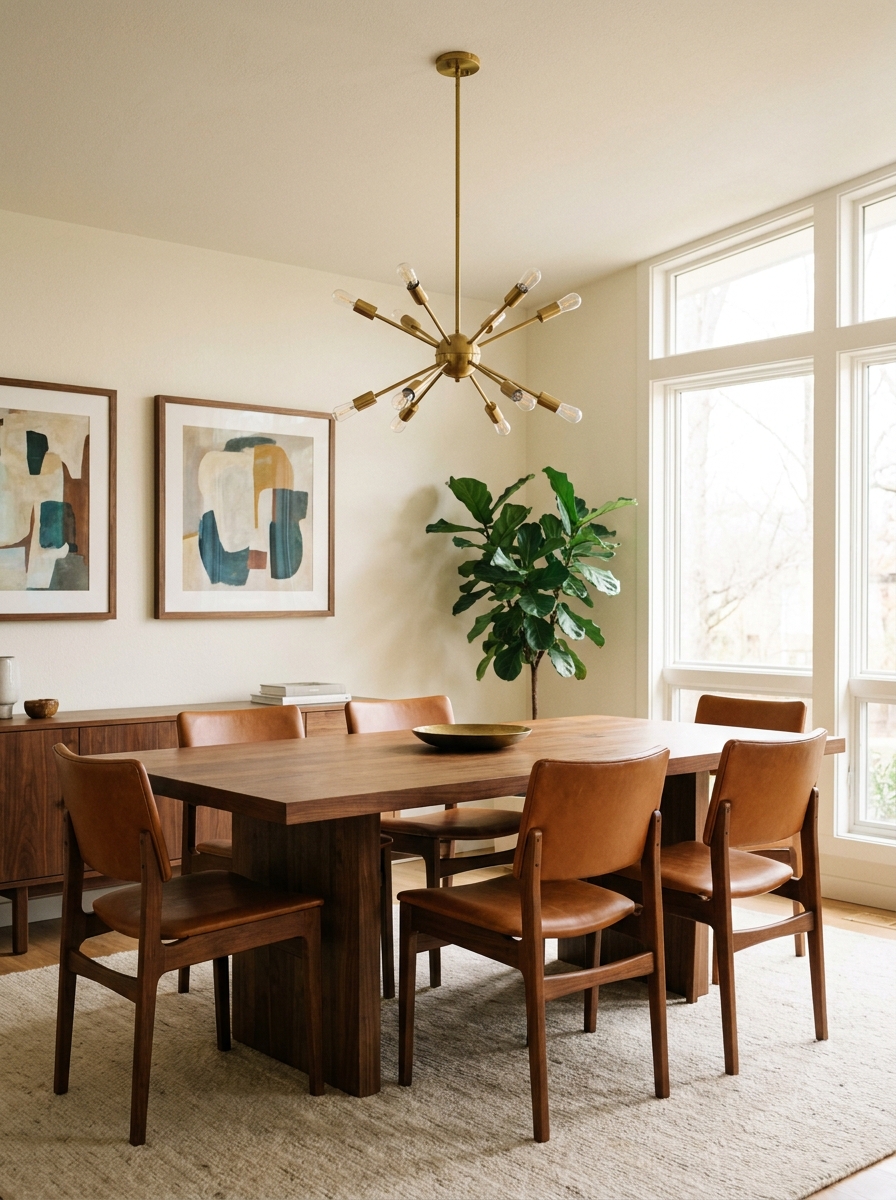 Walnut dining table with cognac leather dining chairs, ivory walls, subtle artwork, and brass pendant