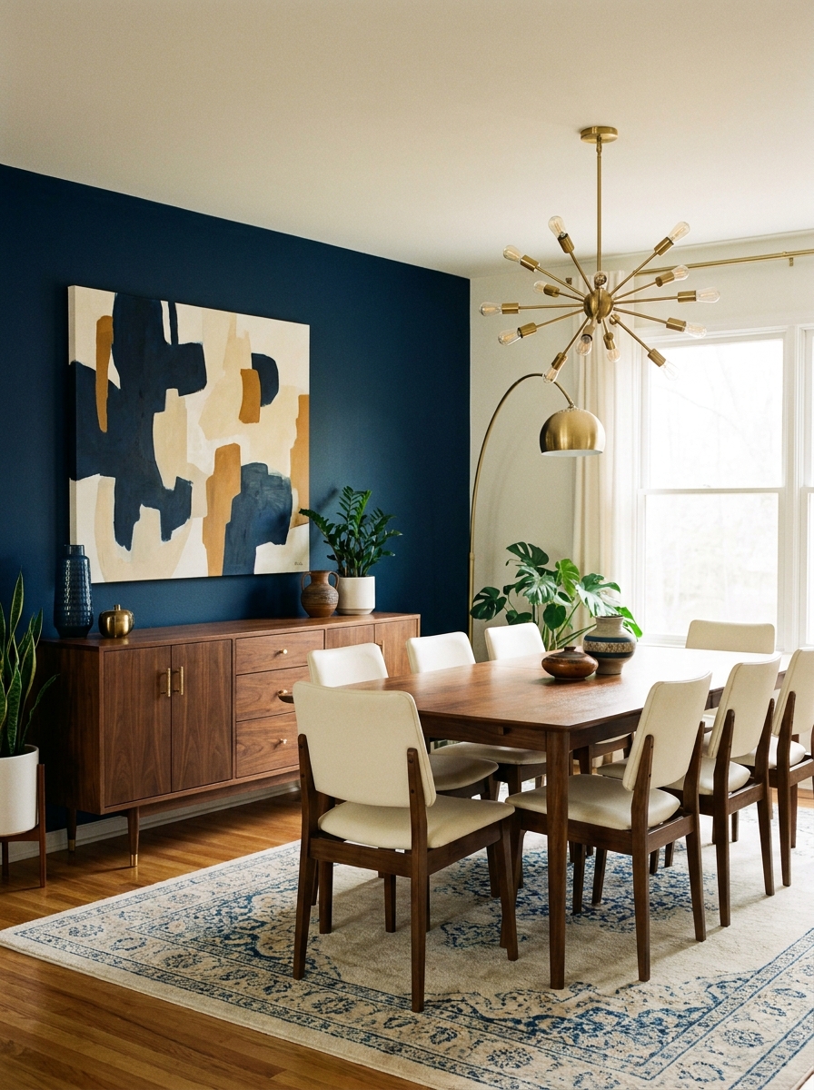 Navy accent wall behind walnut dining furniture with ivory chairs, brass lighting, and abstract art
