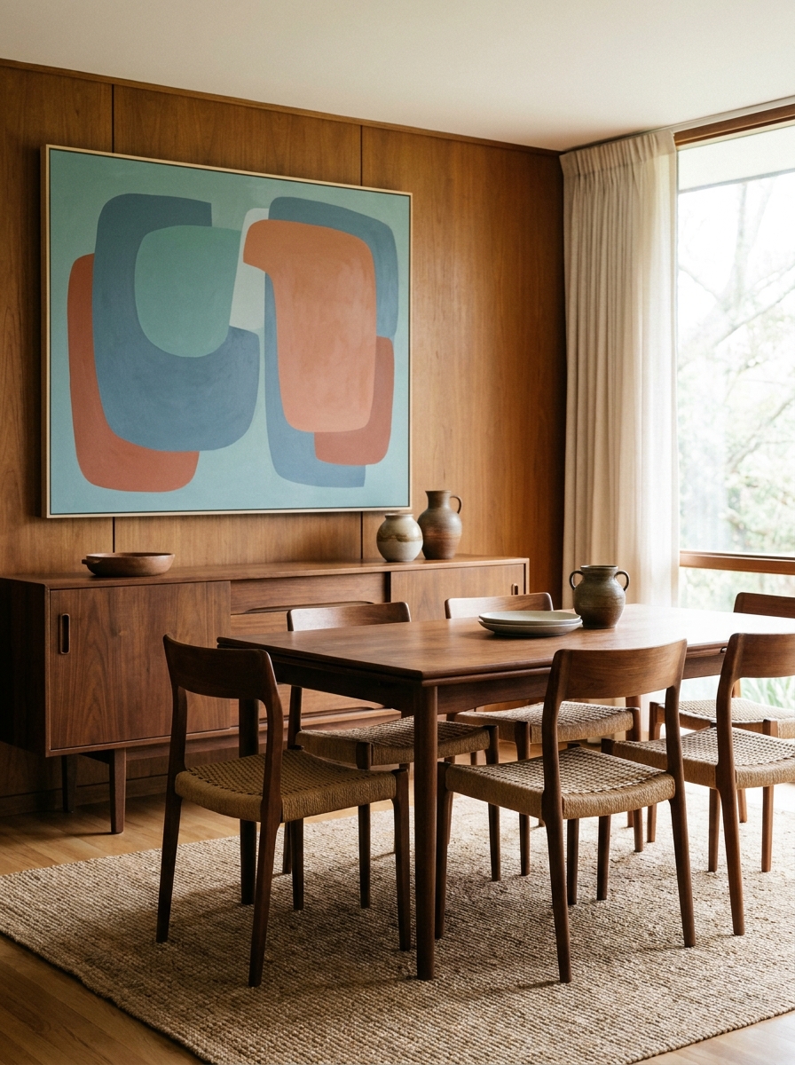Retro-inspired abstract art above a walnut sideboard in a mid-century modern dining room
