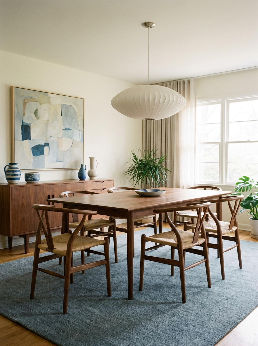 Blue-gray rug under a walnut dining table with chairs, pendant light, and clean sideboard