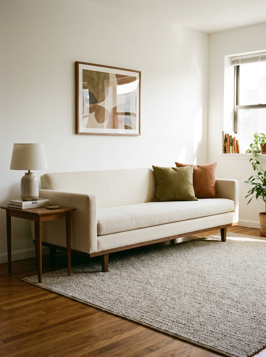Mid-century modern living room with a low-profile cream sofa, walnut legs, and geometric textures