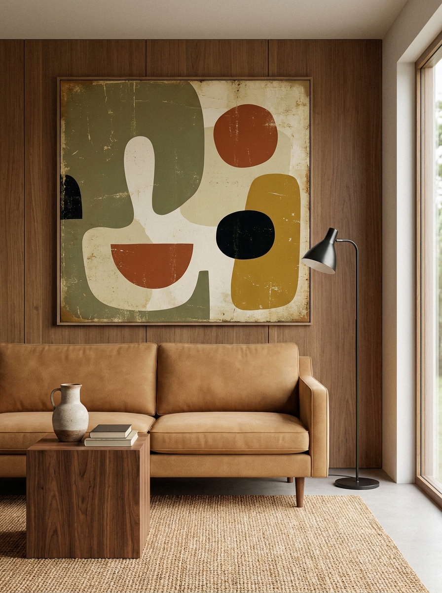 Oversized abstract wall art featuring muted olive, cream, rust, and mustard organic shapes above a camel sofa