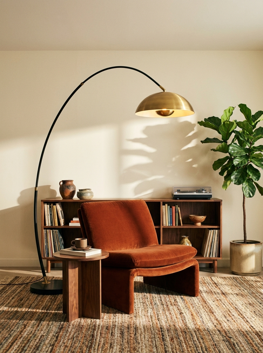 A dramatic brass arc floor lamp curving over a rust-colored lounge chair in a living room corner