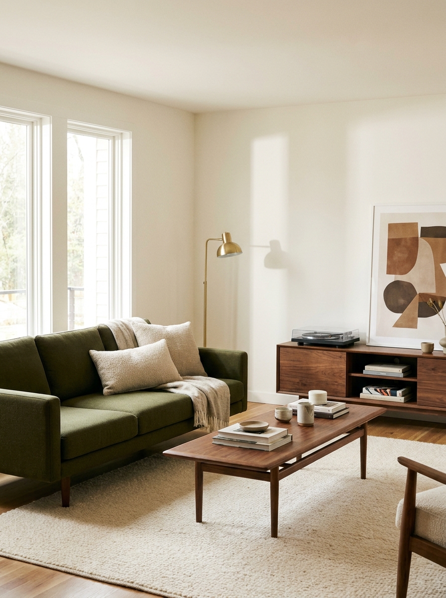 Deep olive low-profile sofa paired with a walnut coffee table and media console in a bright room