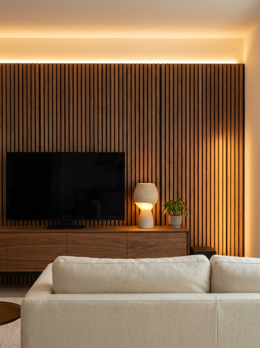 A vertical walnut slat feature wall behind a low media console styled with a ceramic lamp