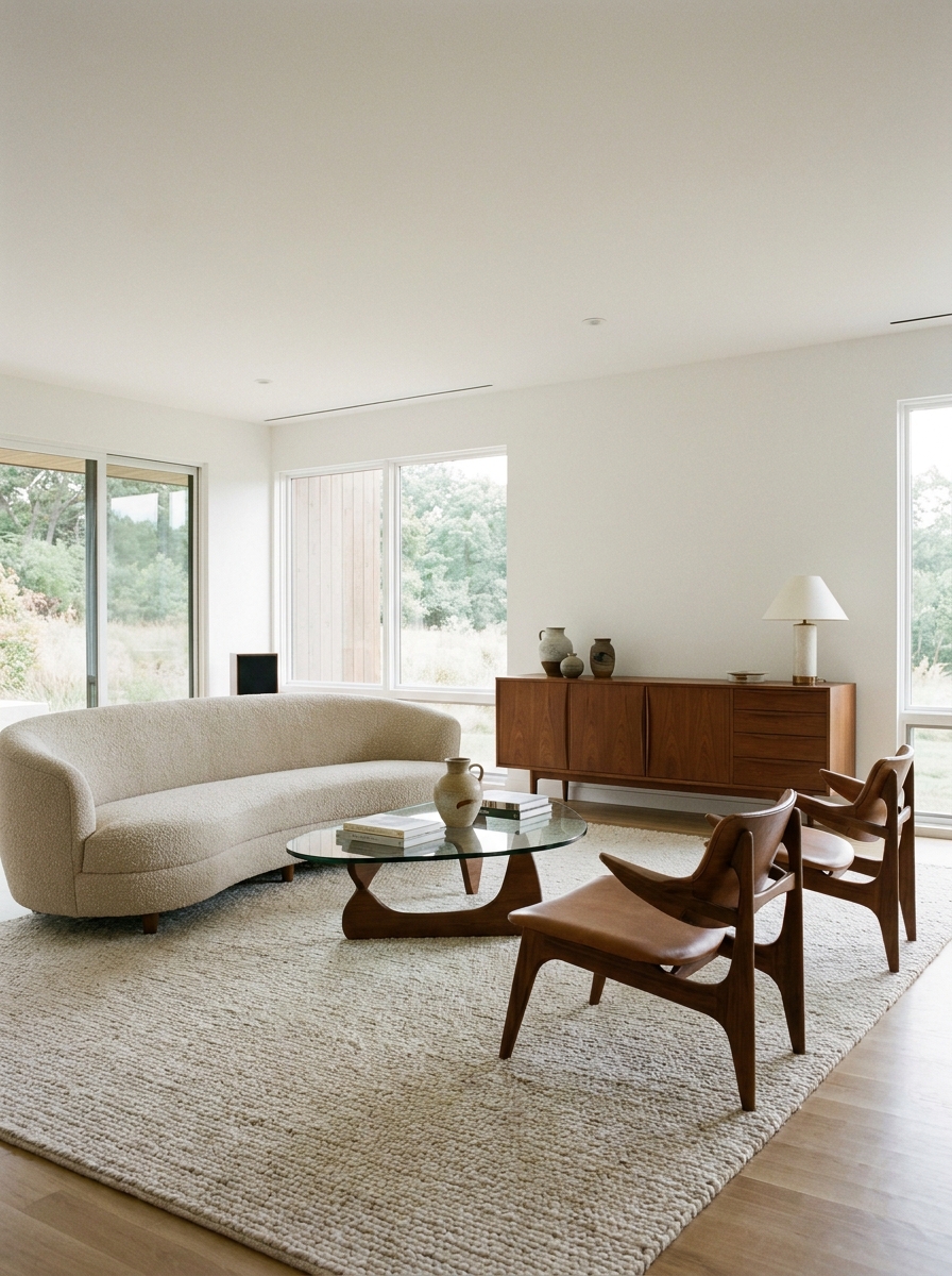 An open, uncluttered mid-century living room with wide walking spaces, low sofa, and windows