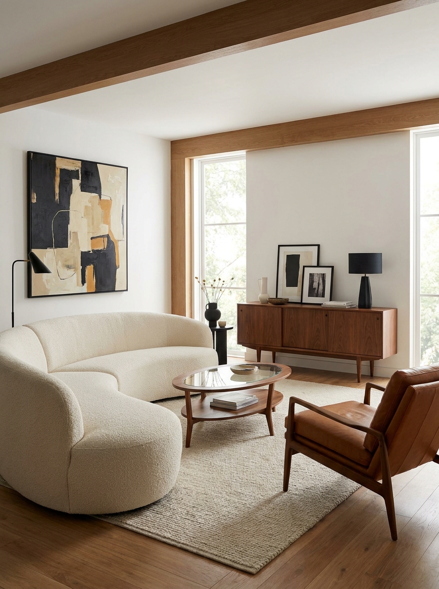 A modern curved cream sofa paired with a vintage-inspired walnut console and cognac leather chair