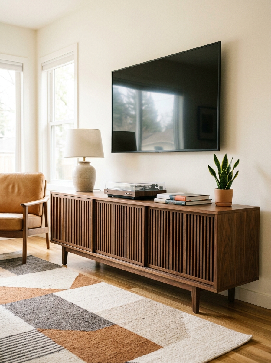 Long walnut media console styled with a ceramic lamp, record player, books, and small plant
