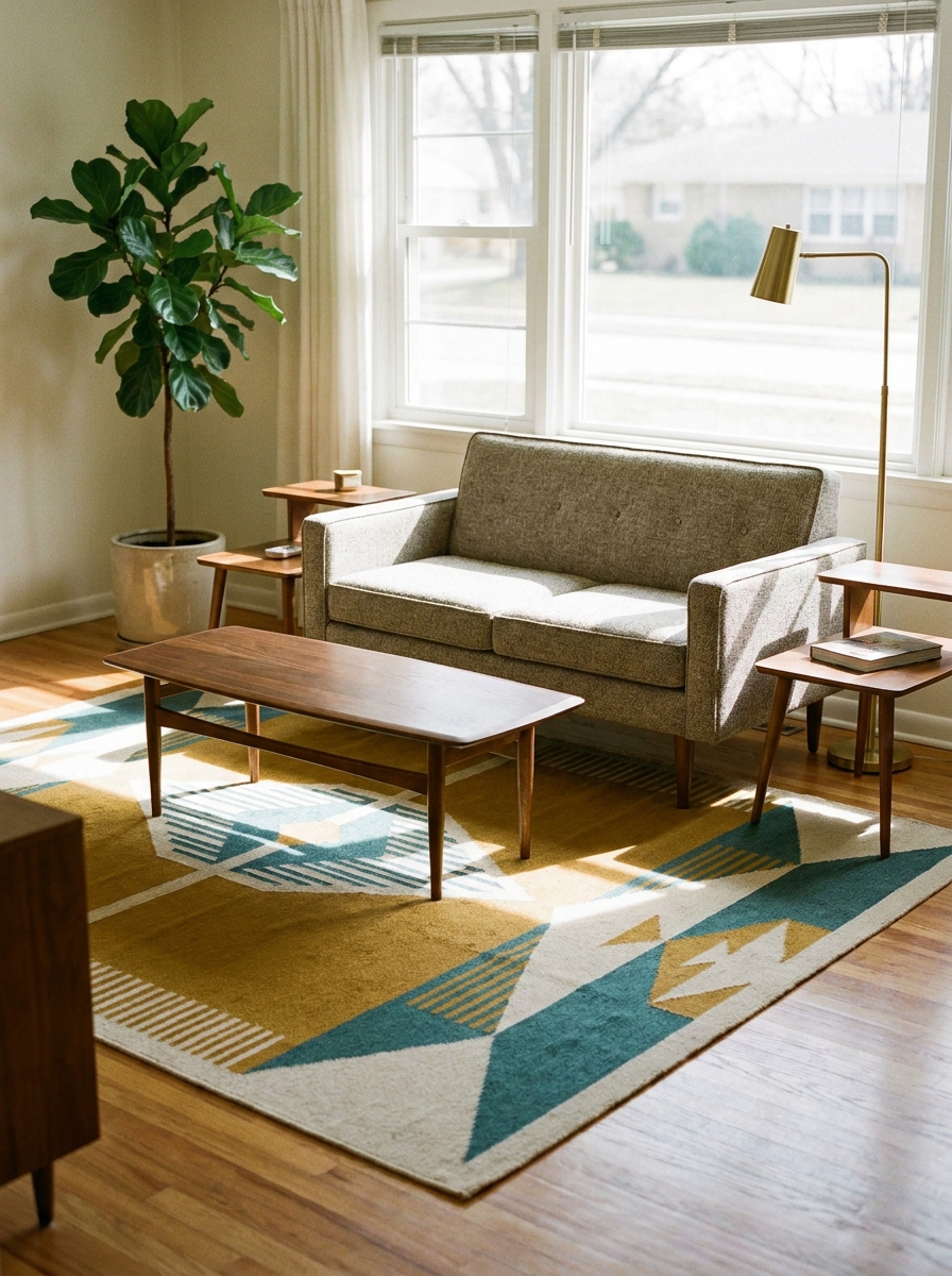 Bright living room showing a gray-beige sofa, walnut coffee table, and side tables on slender tapered legs