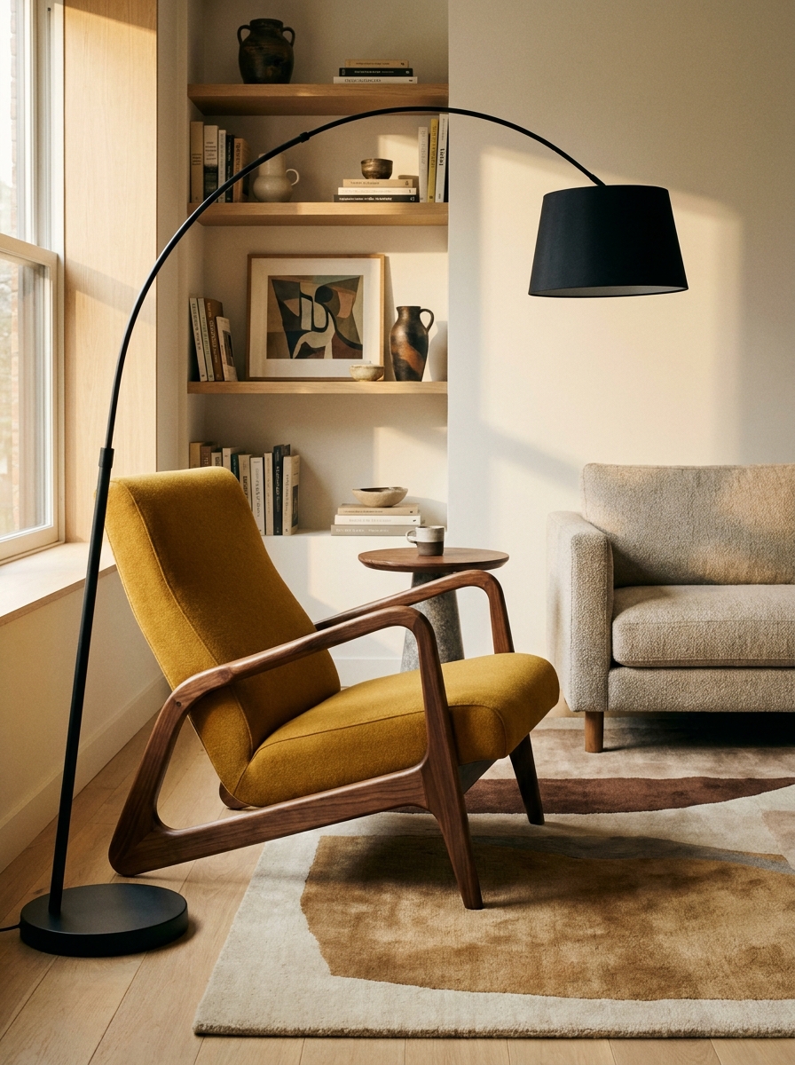 A mid-century modern conversation corner with a mustard yellow sculptural lounge chair and an arc floor lamp