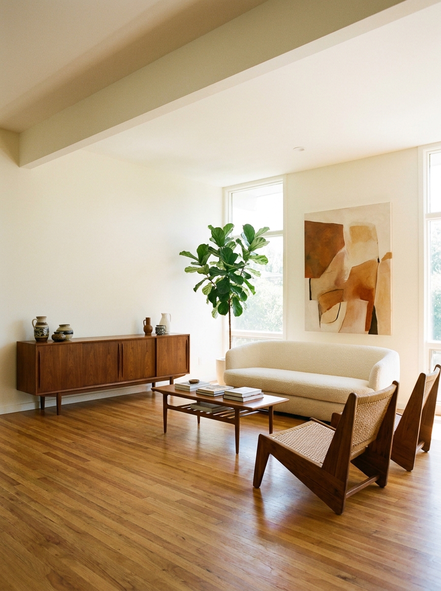 Spacious living room with warm-white walls, walnut sideboard, teak coffee table, and wooden lounge chair