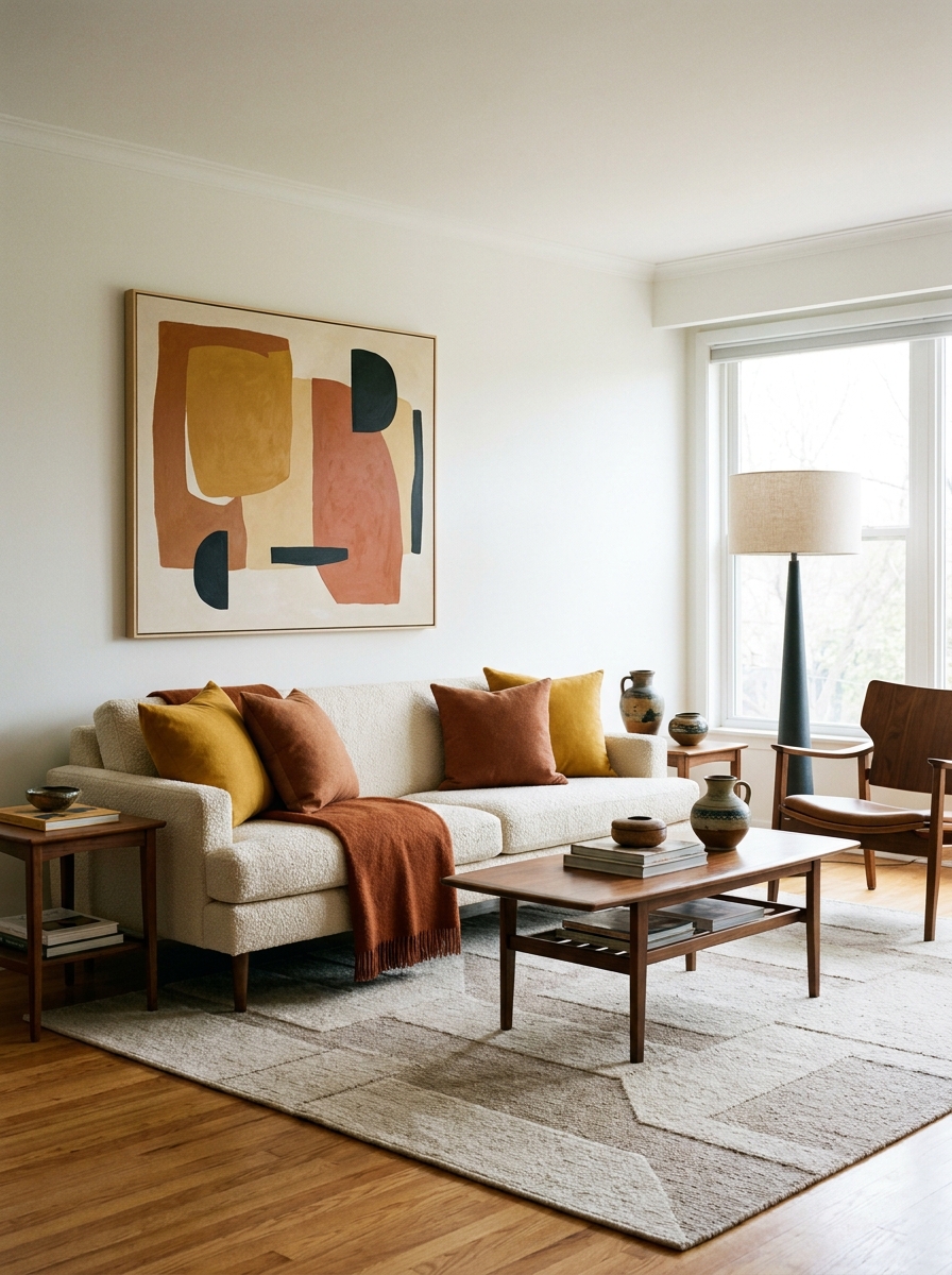 Cream sofa with mustard and rust cushions, rust throw blanket, and abstract artwork in a mid-century room