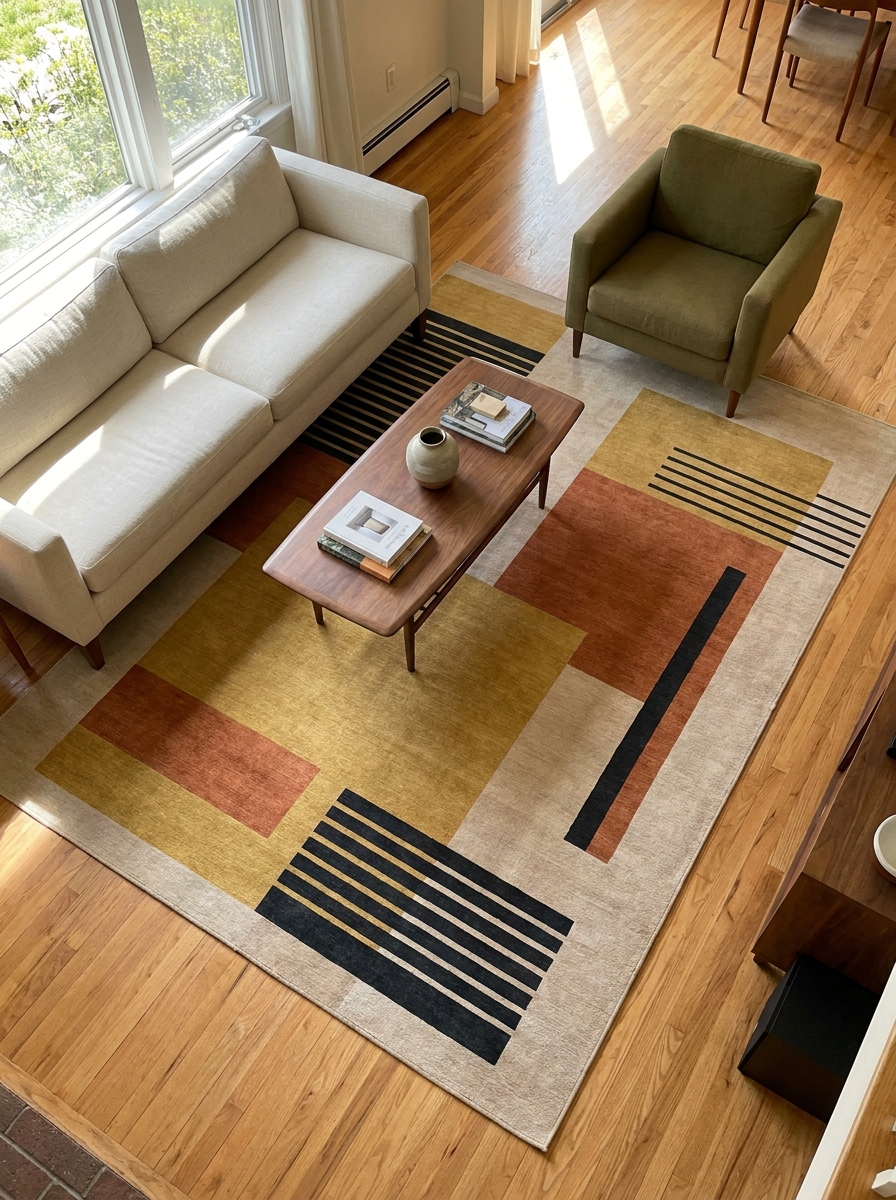 A large mid-century geometric rug with beige, black, rust, and muted mustard shapes under a coffee table