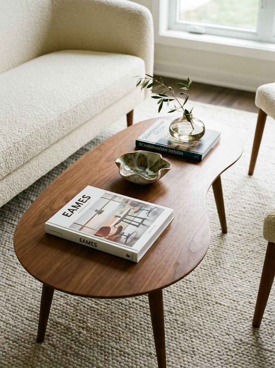 A kidney-shaped walnut coffee table styled with design books and a sculptural ceramic bowl
