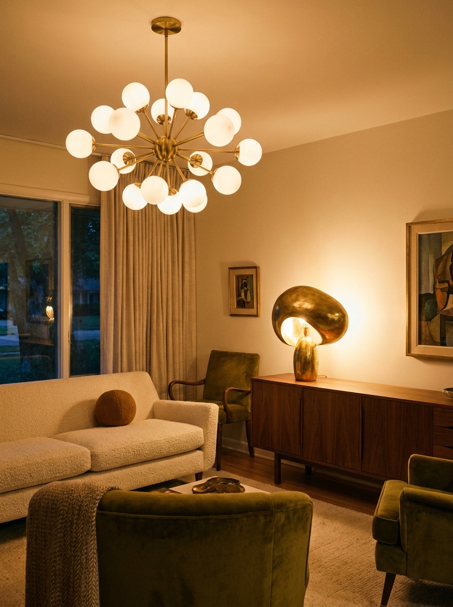 Brass sputnik chandelier with opal glass globes casting a warm amber glow over a living room