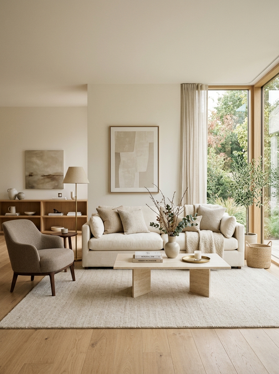 Minimalist luxury living room with cream sofa, beige rug, taupe chair, pale stone coffee table, layered neutral textures, wood accents, large windows, and soft daylight