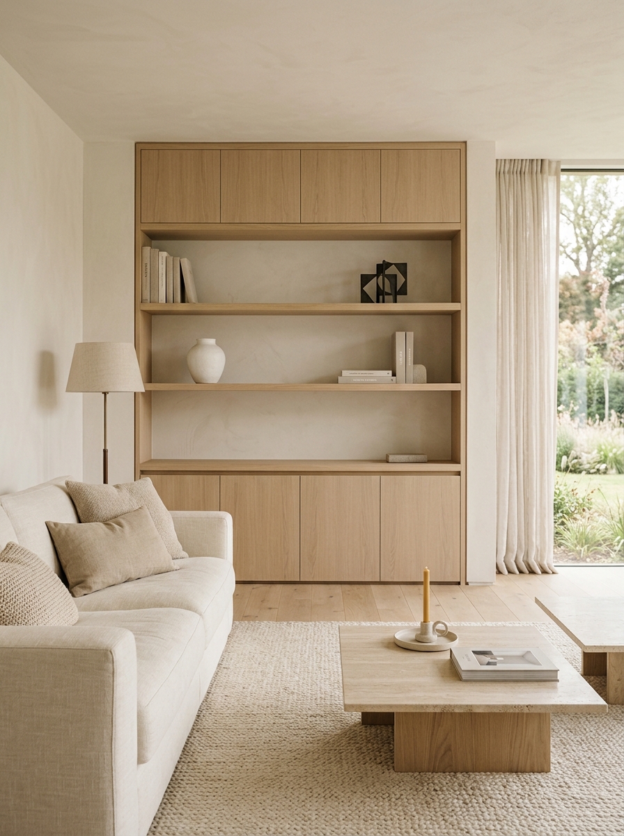Minimalist luxury living room with elegant built-in shelving and lower cabinets, sparse books and ceramics, cream sofa, warm neutral palette, and uncluttered styling