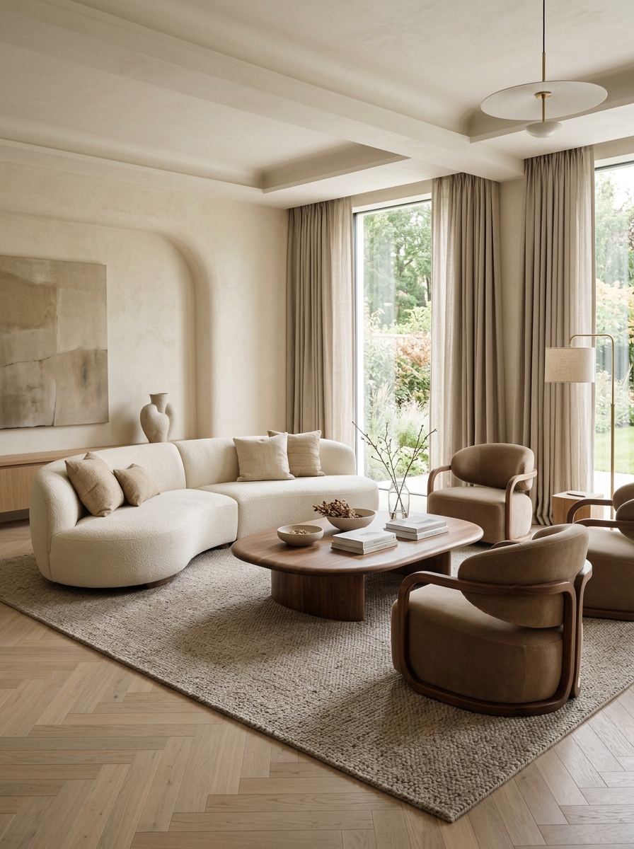 Minimalist luxury living room with curved sofa or rounded chairs, oval coffee table, neutral drapery, cream taupe and light brown palette, and soft natural light