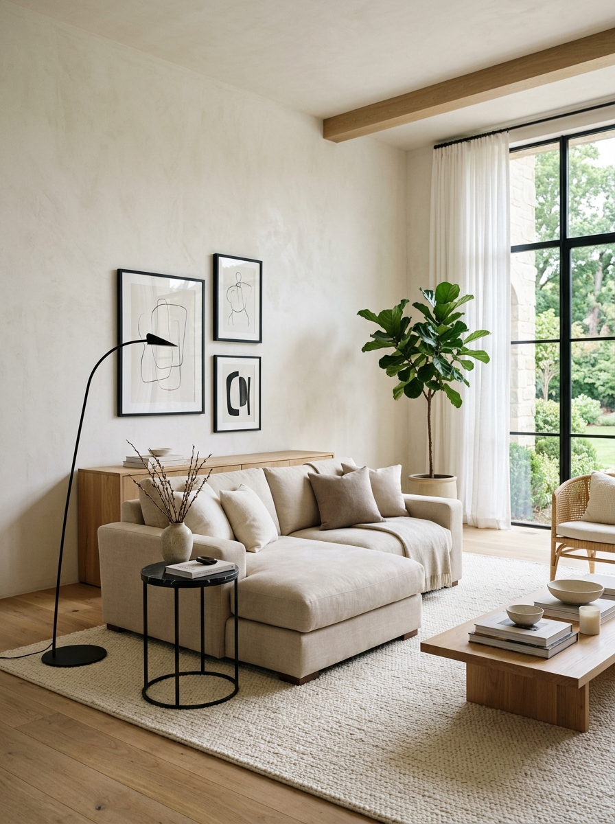 Minimalist luxury living room with cream sofa, light rug, wood tones, slim black floor lamp, black-framed art, black side table, and balanced upscale styling