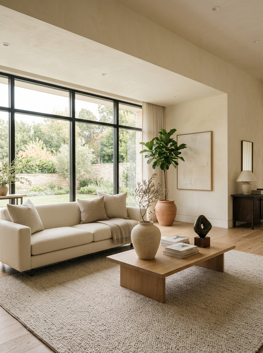 Minimalist luxury living room styled with one oversized ceramic vase, neat book stack, sculptural object, cream sofa, warm neutrals, and open surfaces