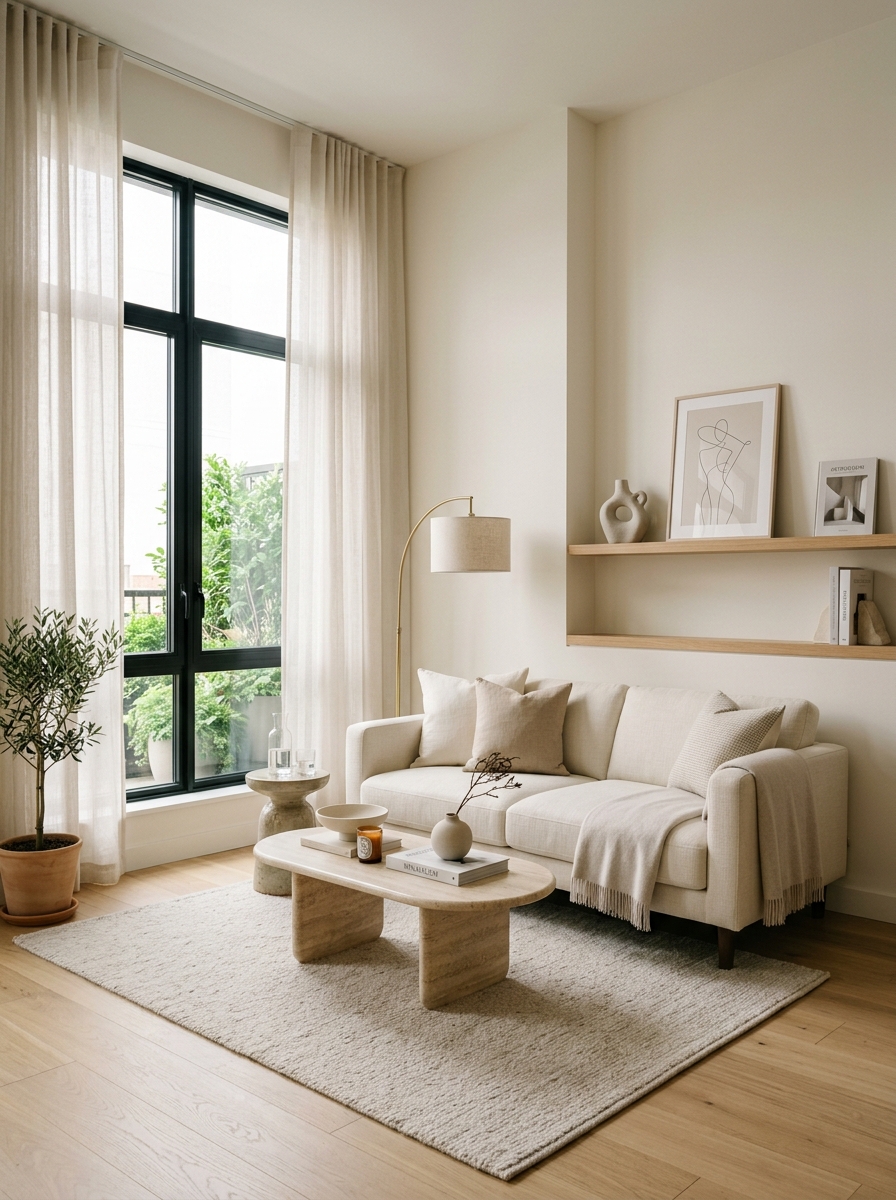 Small minimalist luxury living room with compact cream sofa, small stone or wood coffee table, light rug, soft drapery, careful decor, and bright spacious feel