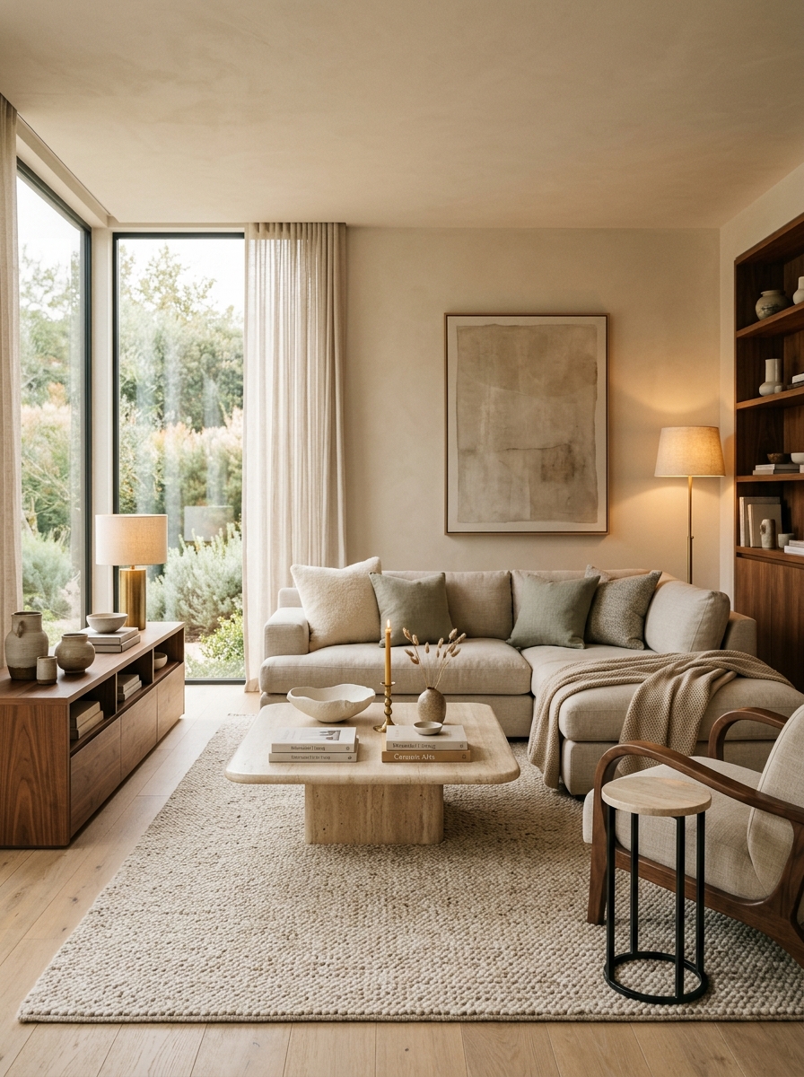 Warm minimalist luxury living room with soft neutral sofa, wood furniture, layered textures, ambient lighting, stone, linen, ceramic details, and uncluttered layout