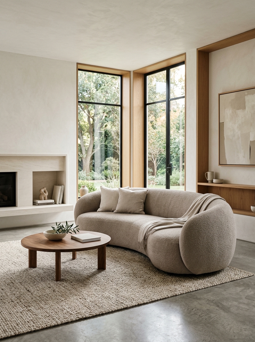 Minimalist luxury living room centered around a large curved cream sofa with round coffee table, limited furniture, warm wood accents, and soft natural light