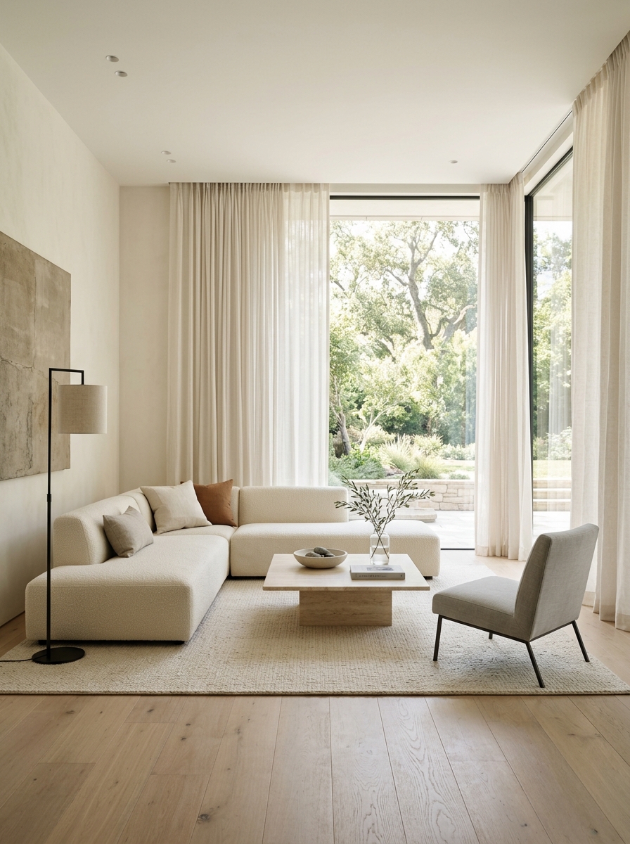 Minimalist luxury living room with low cream sectional, slim accent chair, low rectangular coffee table, floor-to-ceiling curtains, tall lamp, branches, and airy layout