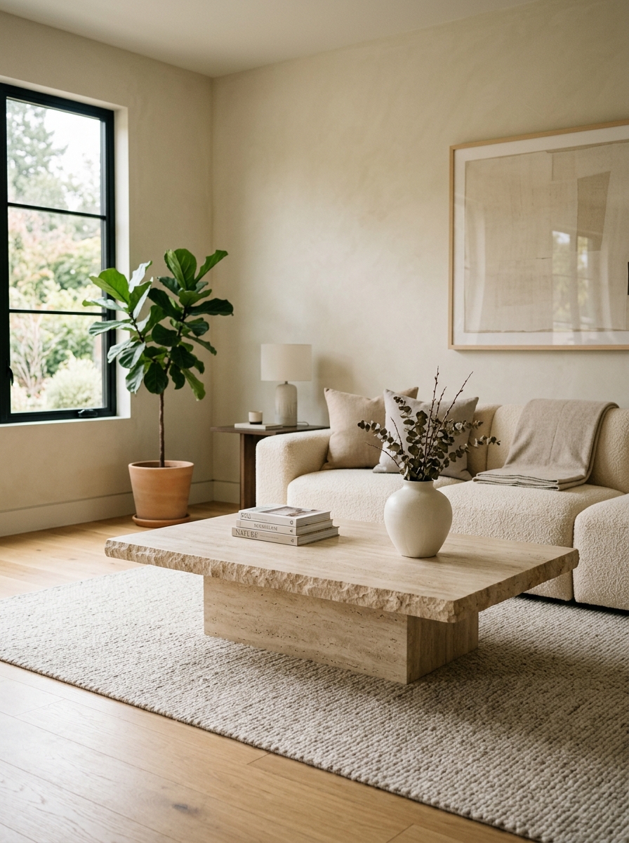 Minimalist luxury living room featuring travertine or light marble coffee table in front of cream sofa with book stack, ceramic vase, warm neutrals, and subtle daylight