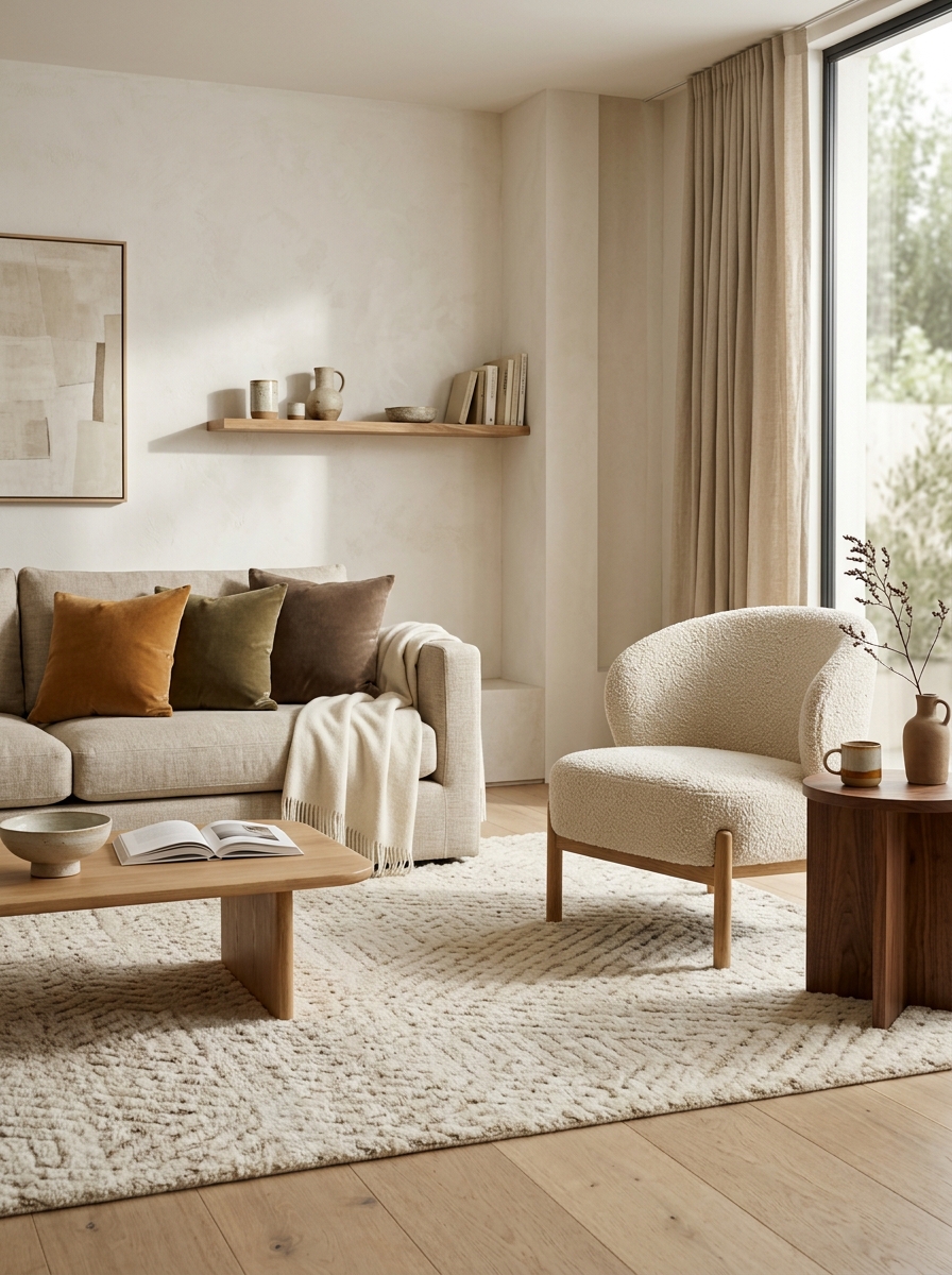 Minimalist luxury living room focused on layered texture with cream boucle chair, linen sofa, velvet cushions, textured rug, natural wood accents, and gentle sunlight