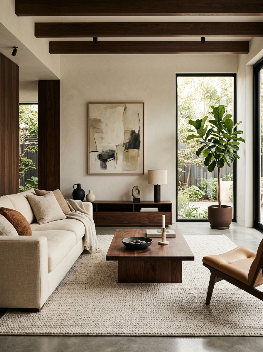 Minimalist luxury living room with cream sofa, dark walnut coffee table or media console, light rug, stone and ceramic accents, and refined natural light
