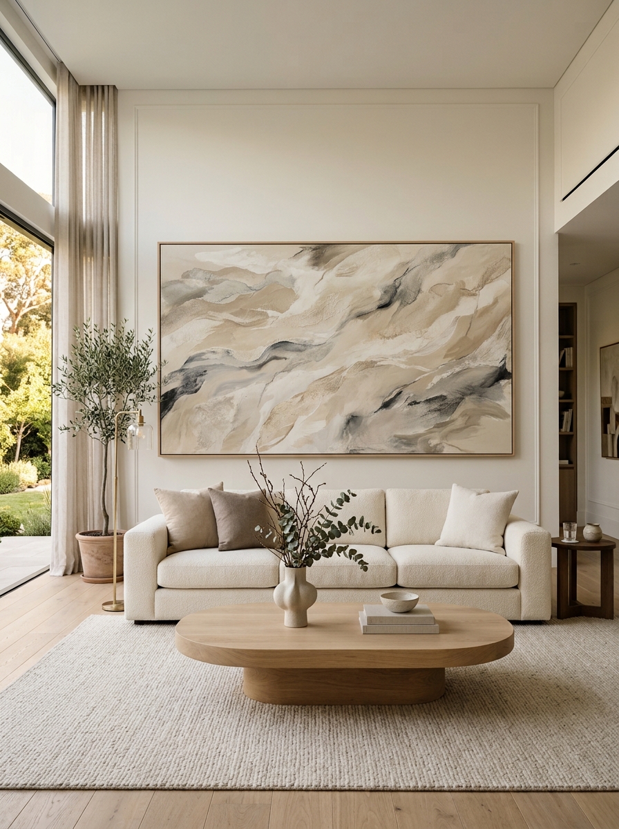 Minimalist luxury living room with oversized neutral abstract artwork above cream sofa, simple coffee table, restrained styling, and warm daylight