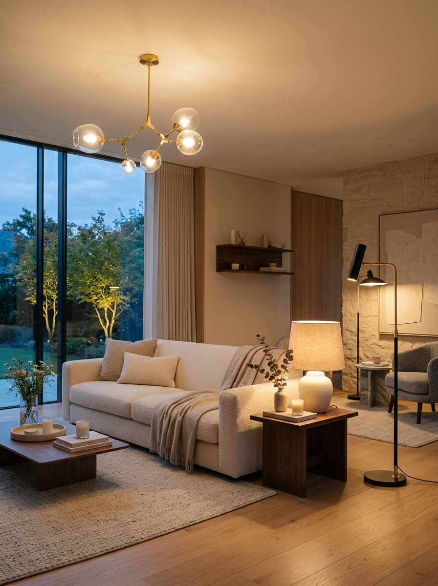 Minimalist luxury living room with layered lighting, sculptural ceiling light, warm table lamp, modern floor lamp, cream sofa, wood and stone finishes, and evening glow