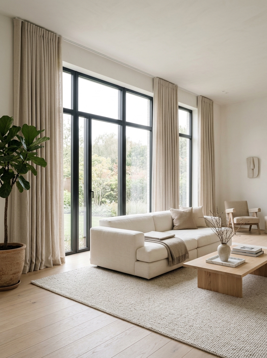Minimalist luxury living room with full-height ivory or oatmeal drapery framing large windows, filtered daylight, cream sofa, pale rug, and clean styling