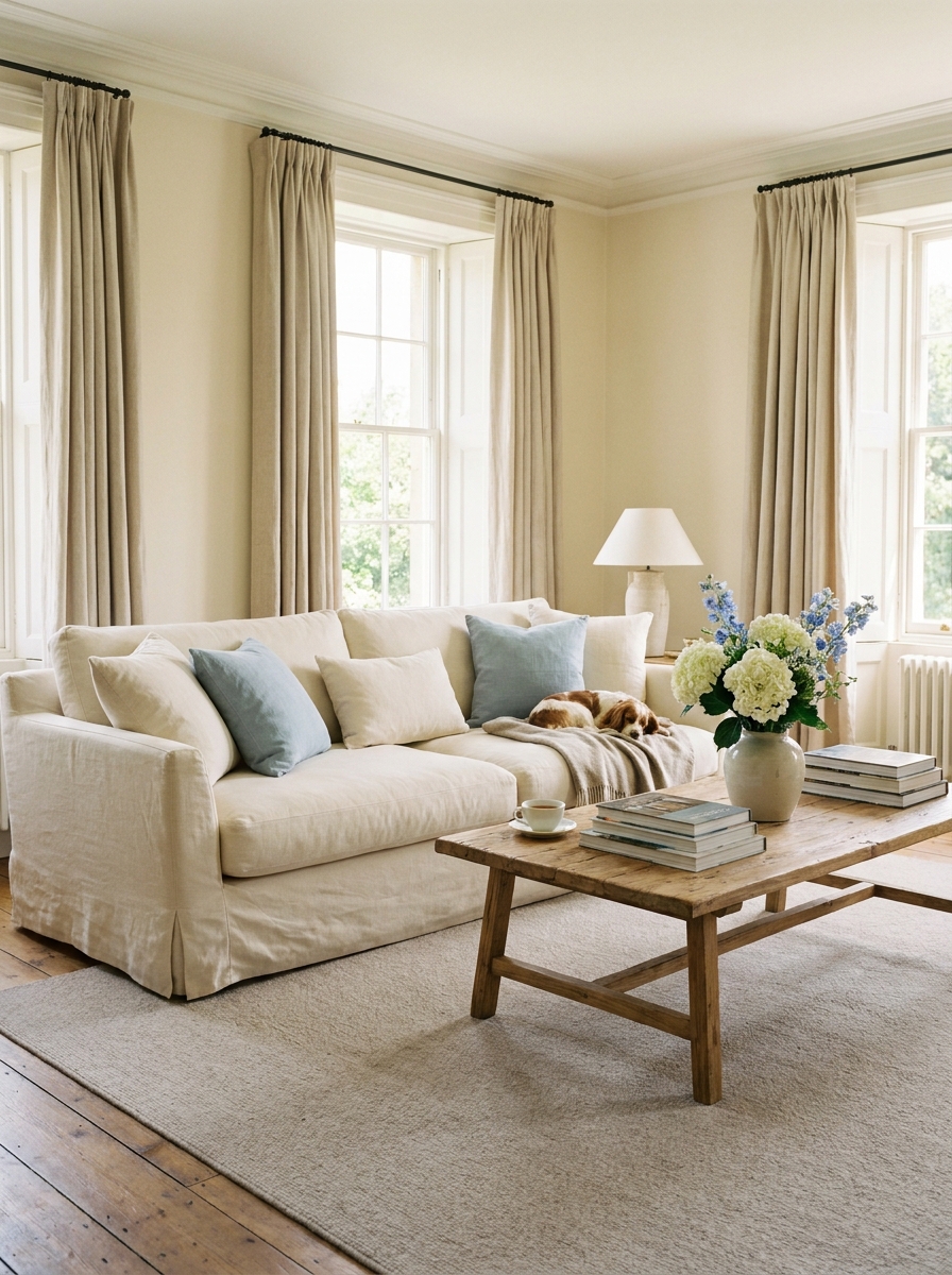 Warm cream living room with generous sofa, pale blue cushions, oatmeal curtains, natural wood coffee table, books, and fresh flowers