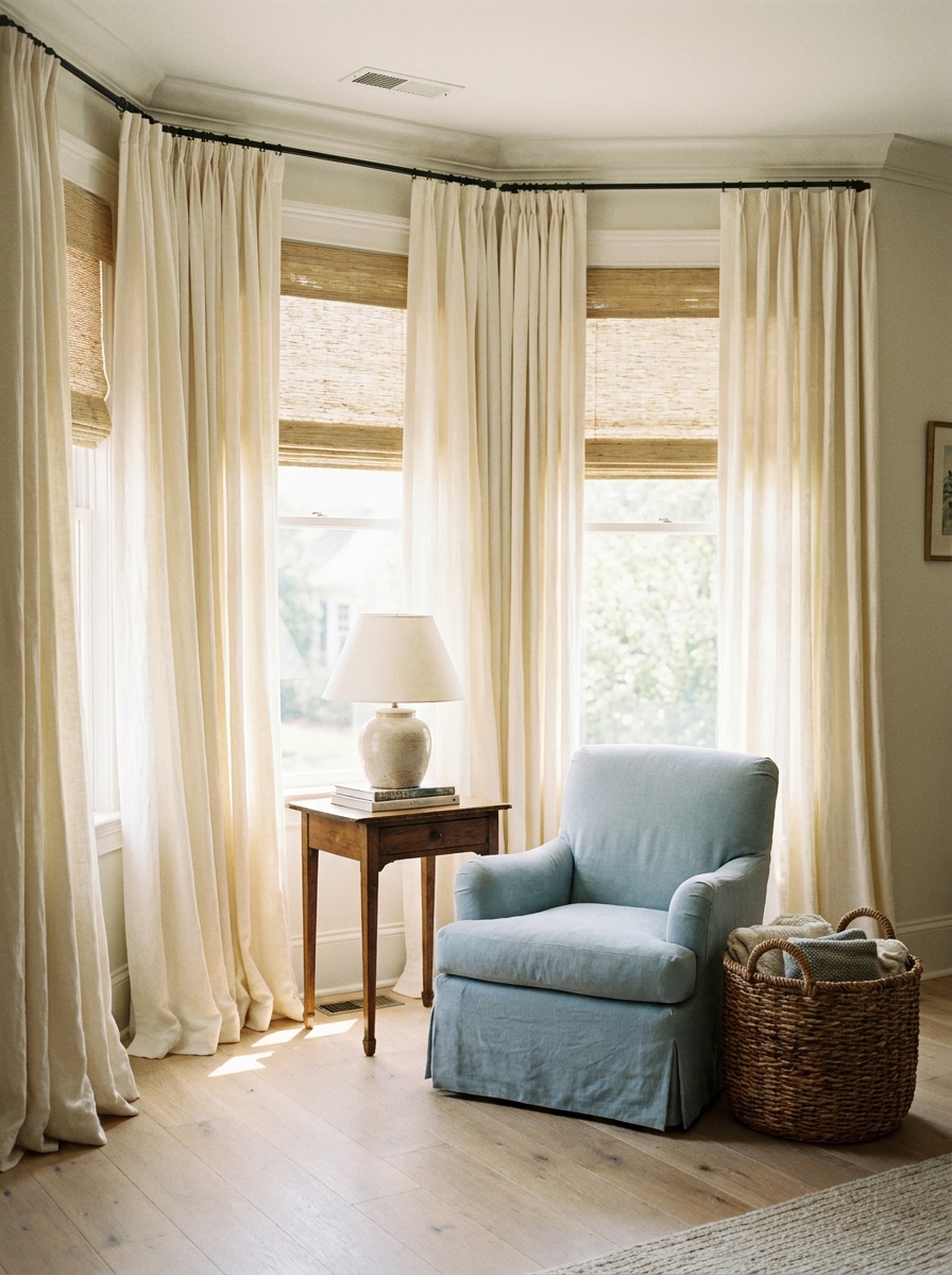 Bright room with large windows, soft ivory linen curtains, woven shades, pale blue armchair, wood table, ceramic lamp, and basket