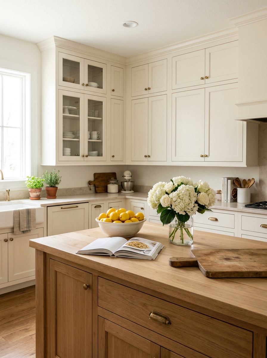 Warm cream kitchen with shaker cabinets, pale stone counters, natural wood island, glass-front cabinets, brass hardware, fruit, flowers, and cookbooks