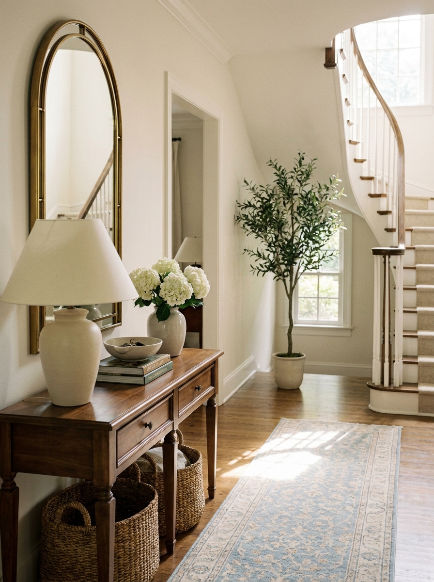 Elegant entryway with walnut console, arched brass mirror, cream-shaded lamp, books, white flowers, baskets, blue and cream runner, and indoor tree