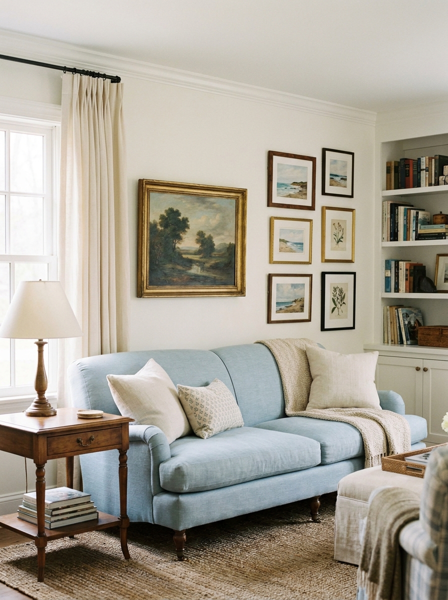 Sitting room with landscape painting above pale blue sofa, smaller coastal and botanical art, cream curtains, and traditional wood table