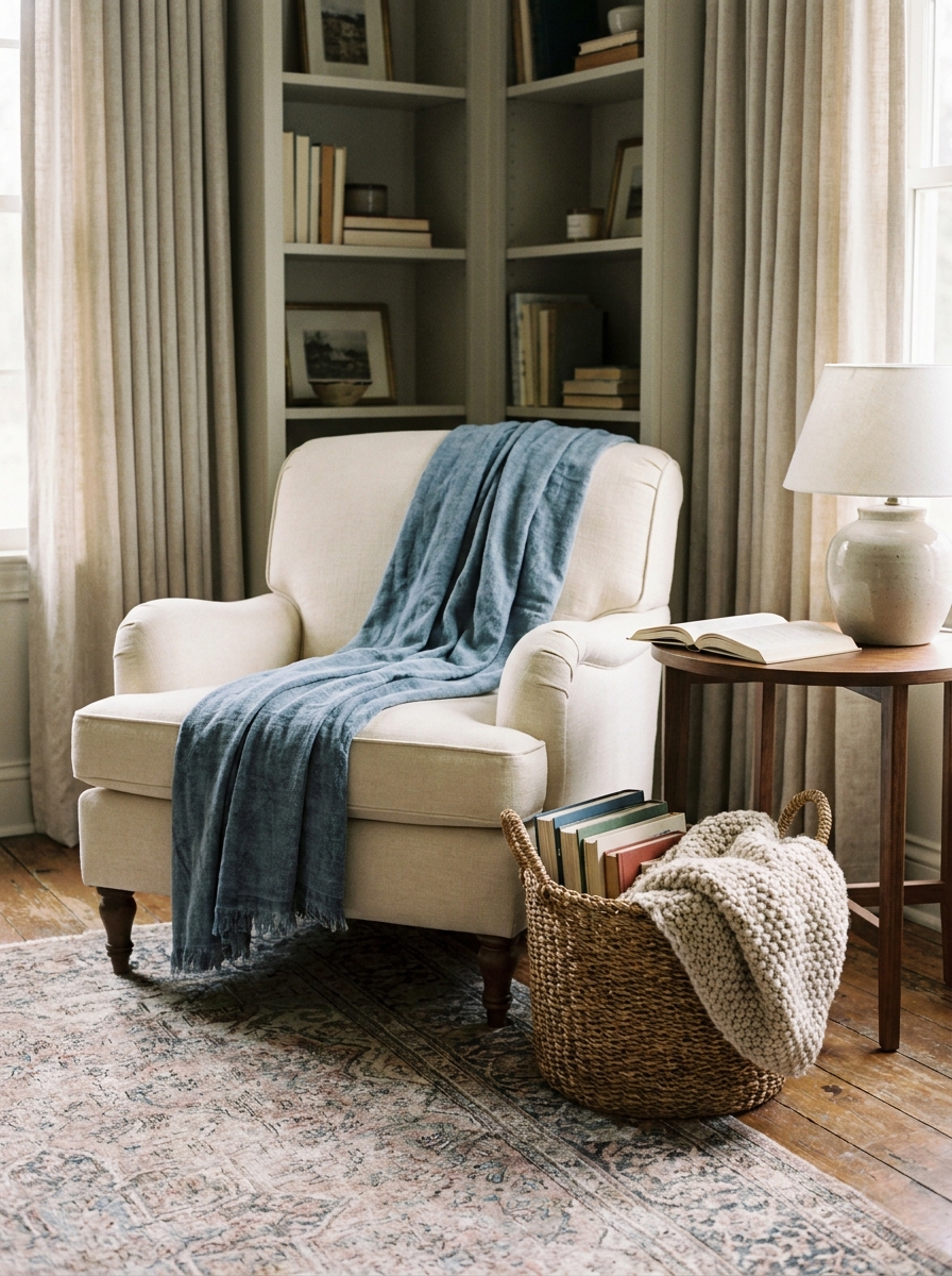 Layered reading corner with cream armchair, faded blue throw, patterned rug over wood floor, woven basket, walnut table, lamp, open book, and shelves