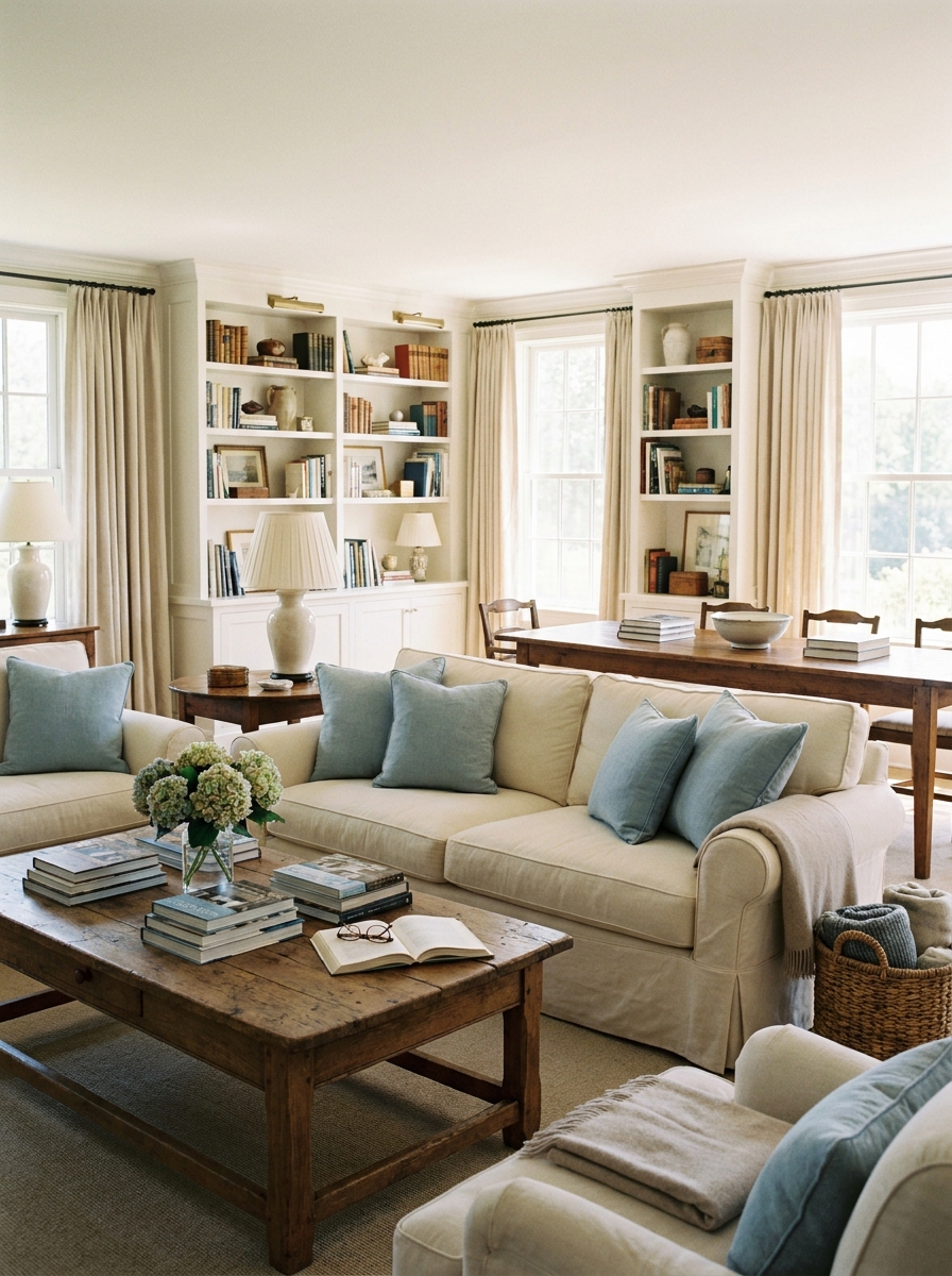 Sunlit open living and dining room with cream seating, blue cushions, wood table, bookshelves, flowers, traditional lamps, linen curtains, and everyday details