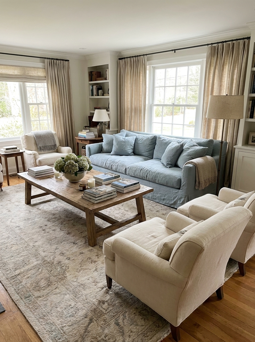 Comfortable living room with deep pale blue sofa, cream armchairs, large wood coffee table, patterned rug, lamps, and linen curtains