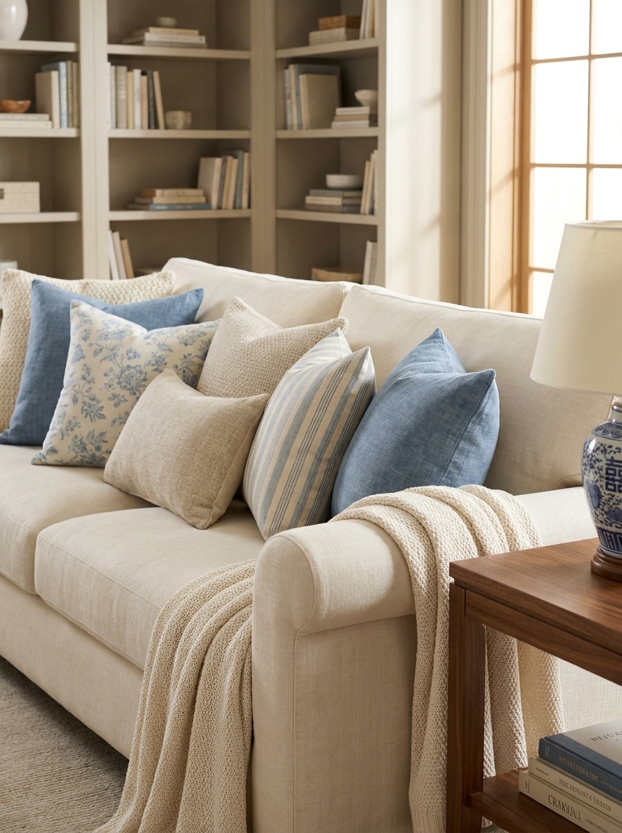 Cream sofa layered with faded blue linen, floral, stripe, oatmeal, and cream cushions beside walnut table and ceramic lamp