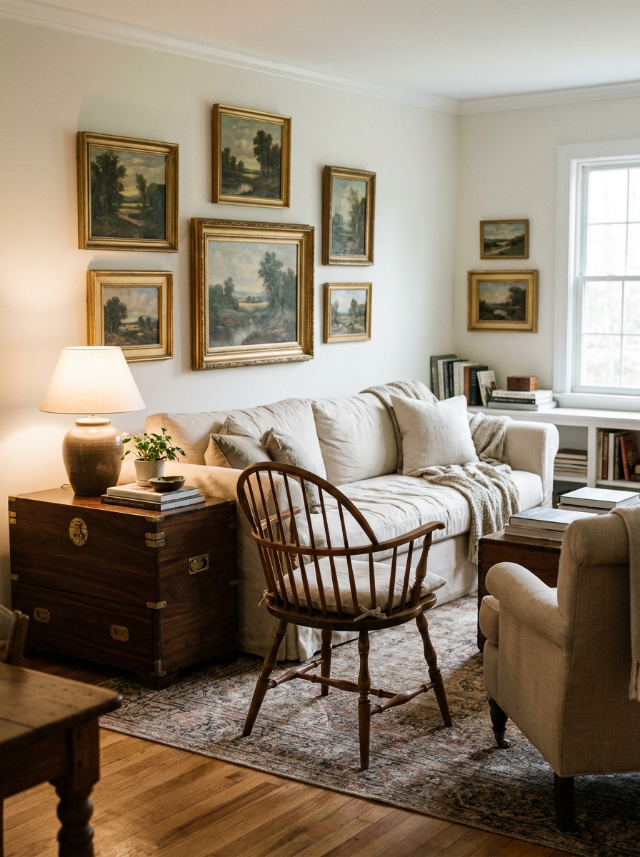 Collected sitting room with cream slipcovered sofa, walnut chest, spindle chair, upholstered armchair, framed landscapes, rug, and lamp