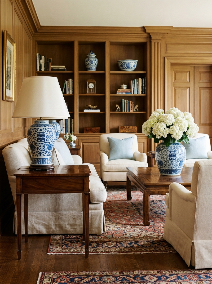 Blue-and-white ceramic lamp, hydrangea vase, and small porcelain pieces in a warm traditional living room with cream upholstery
