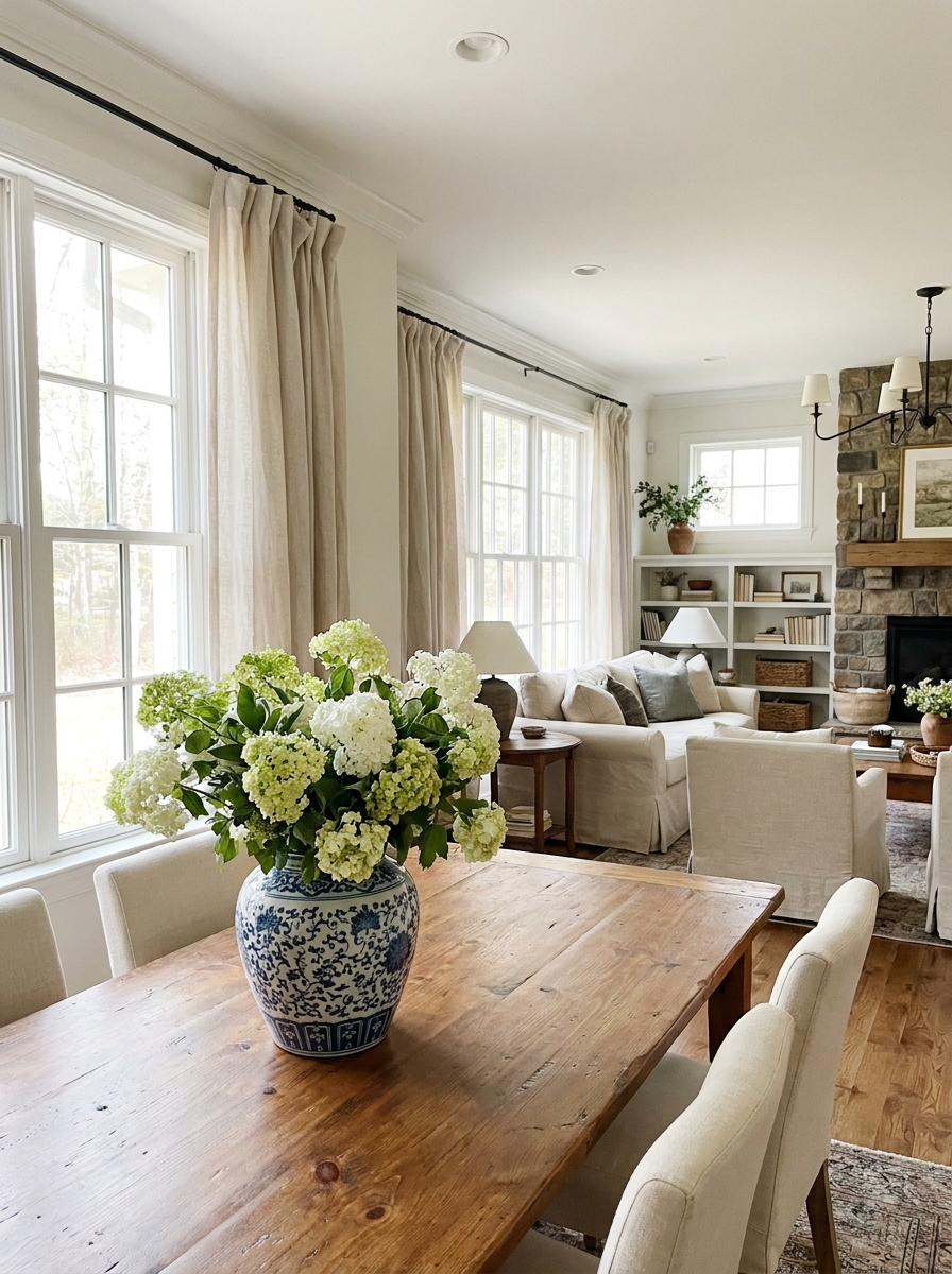 Dining area with hydrangeas in blue-and-white ceramic vase, cream chairs, linen curtains, and warm connected living room