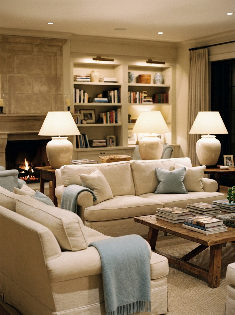 Evening living room with two oversized ceramic table lamps, warm fabric shades, cream sofa, books, wood coffee table, fireplace, and shelves