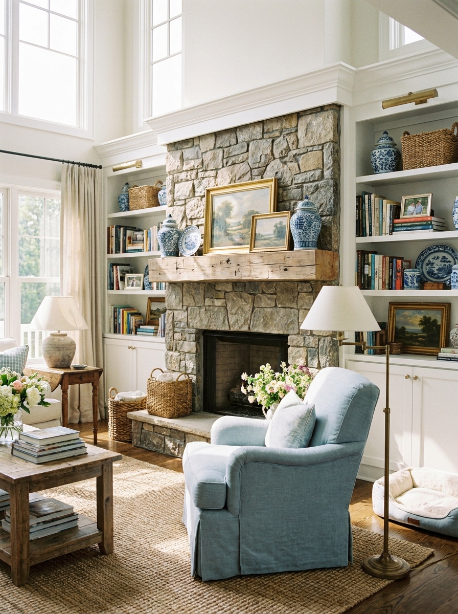 Sunlit living room with built-in bookshelves around fireplace, books, framed photos, ceramics, baskets, paintings, blue armchair, and lamp