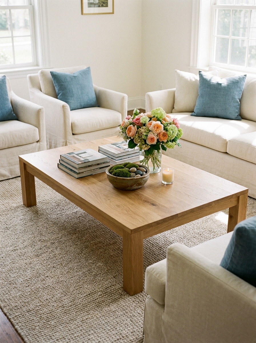 Living room centered on large natural oak coffee table with books, ceramic bowl, garden flowers, candle, cream seating, and blue cushions